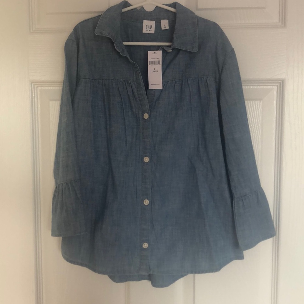 GAP girls size L long ruffled sleeve denim shirt